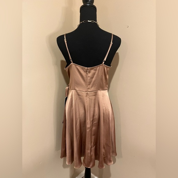 NWT Express Satin Wrap Fit and Flare Dress - Size Medium, Bronze/Gold - Picture 5 of 9